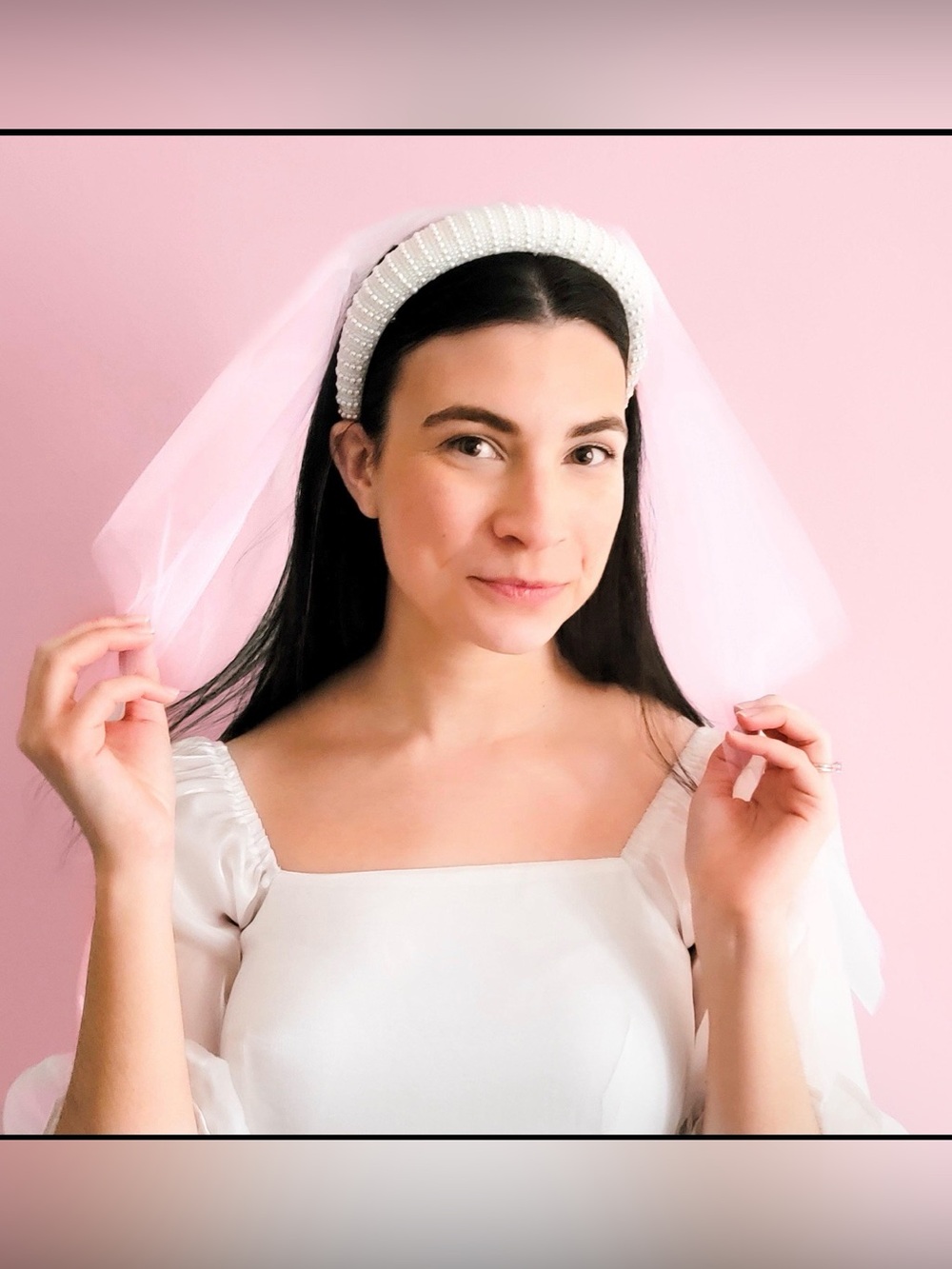 White Beaded Pearl Headband with Veil - Picture 2 of 6
